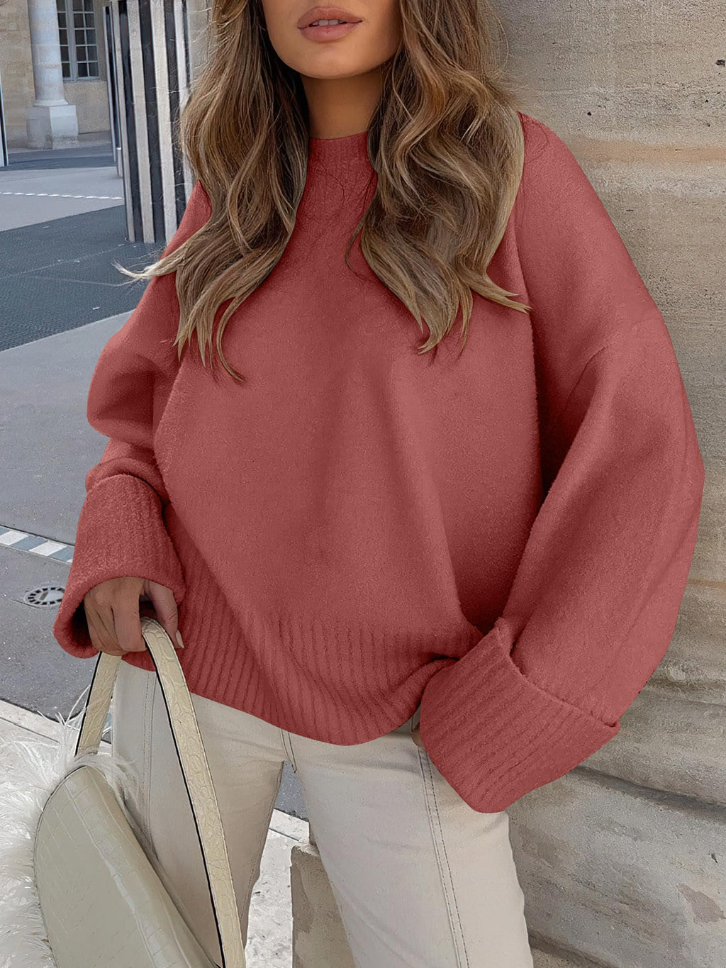 ANRABESS Women's Oversized Sweaters 2025 Long Sleeve Fuzzy Knit Casual Chunky Pullover Sweater Fall Outfits Clothes Rust - Birck Red Small
