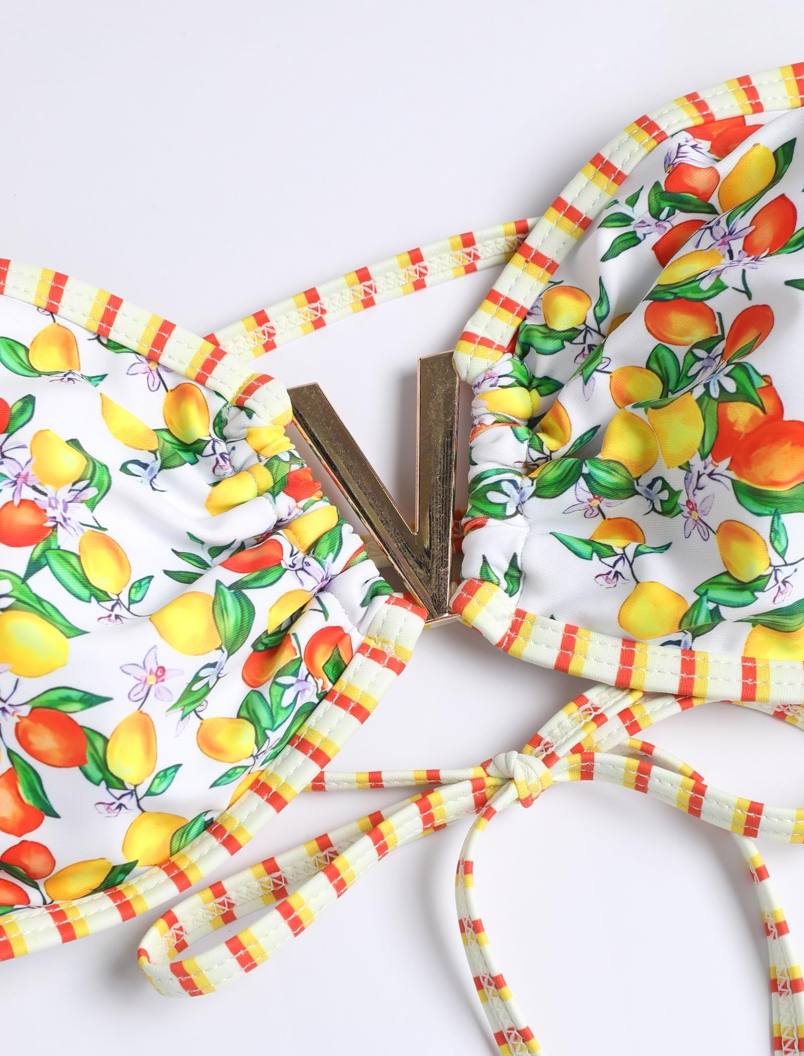 ZAFUL Women's Bandeau Bikini V Strapless Confetti Colorblock Tie Back High Cut Two Piece Swimsuit Bathing Suits (3-Fruit Print, M)