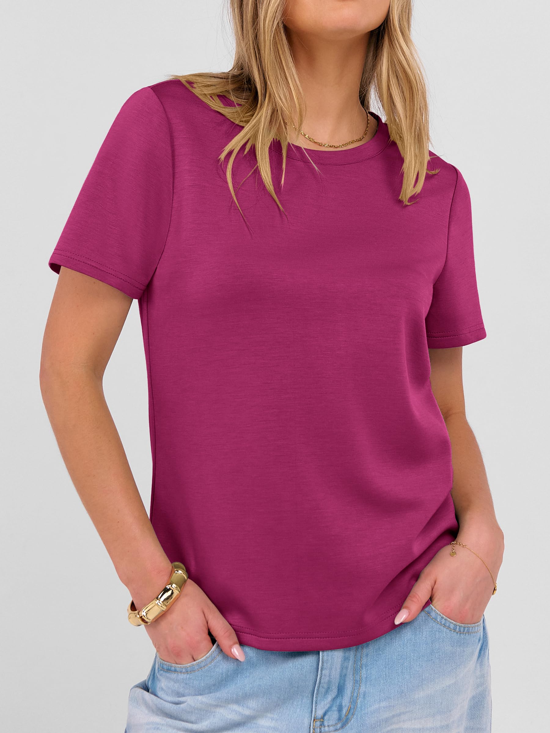 ANRABESS Women Short Sleeve Tops Summer Basic Tee Wrinkle-Free Trendy Cute T Shirts 2026 Spring Business Casual Outfits Hot Pink Large