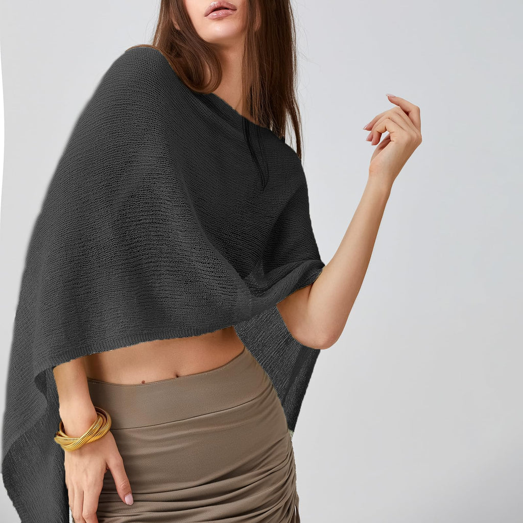 Women Sheer Poncho Top Lightweight Knit Crochet Shrug Bolero Mesh Batwing Sleeve Sweater Cover Up Beachwear