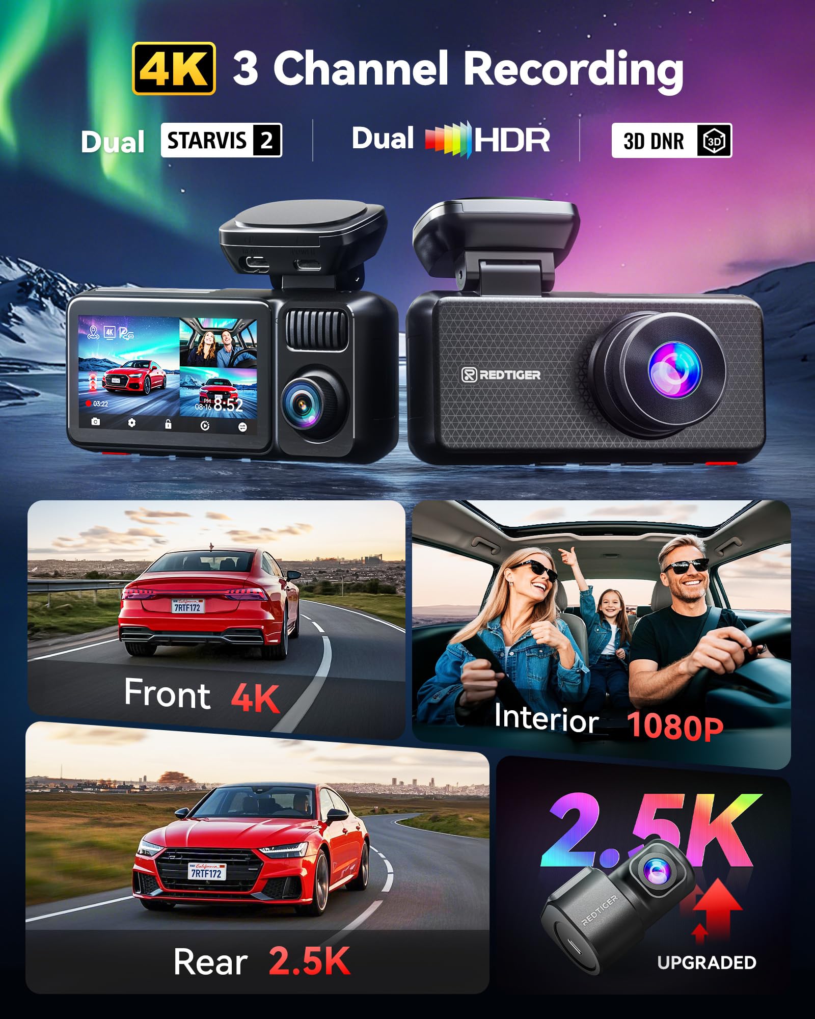 REDTIGER F17 Elite 4K Dash Cam 3 Channel, STARVIS 2 IMX678 & IMX675, 128GB Card, Full Night Color, 4K+2.5K+1080P Front and Rear Inside, Voice Control, 5GHz WiFi-30MB/s Download, GPS, HDR, Parking Mode