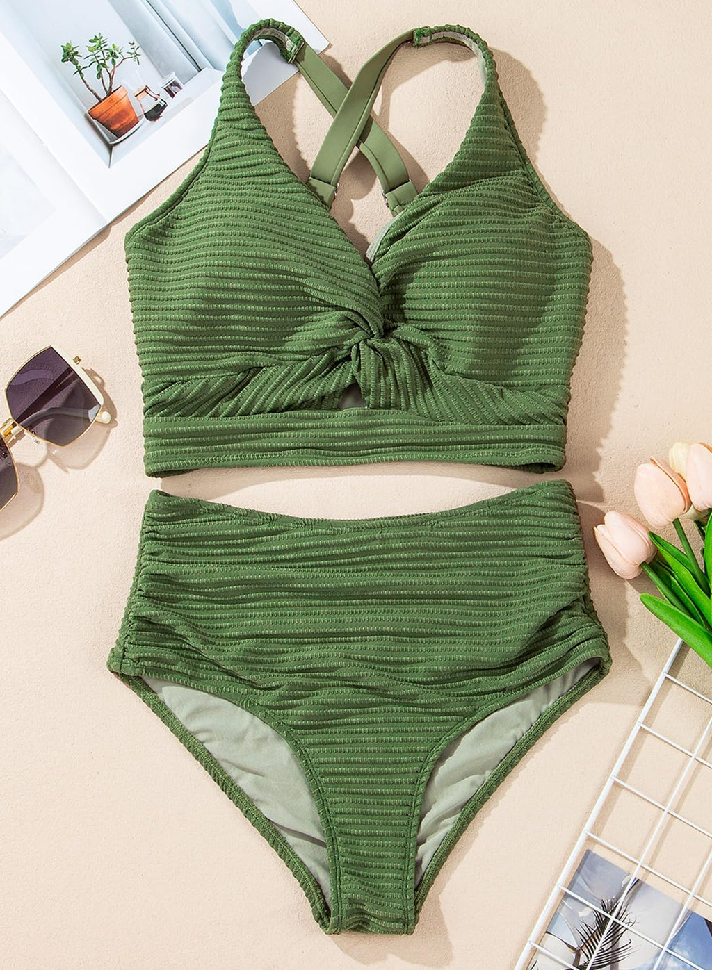 Herseas Womens 2 Piece Bikini Sets V Neck Twist Front Push Up Top Swim Suits 2026 Summer High Waisted Textured Crisscross Back Sexy Bathing Suits Casual Cruise Outfits Green Medium