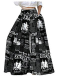 WDIRARA Women's Newspaper Print Wide Leg Pants Elastic Waist Loose Funky Letter Print Palazzo Pants Deep Black Large