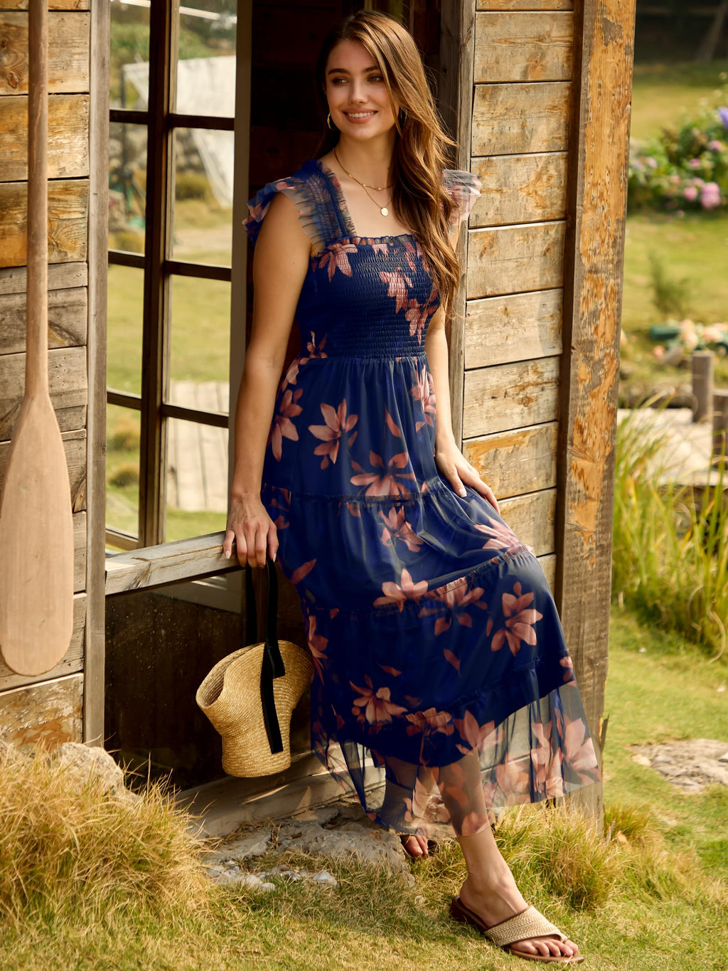 ANRABESS Women Summer Floral Midi Dress Sleeveless Boho Flowy Smocked RuffleTulle Beach Vacation Wedding Guest Party Dresses Large