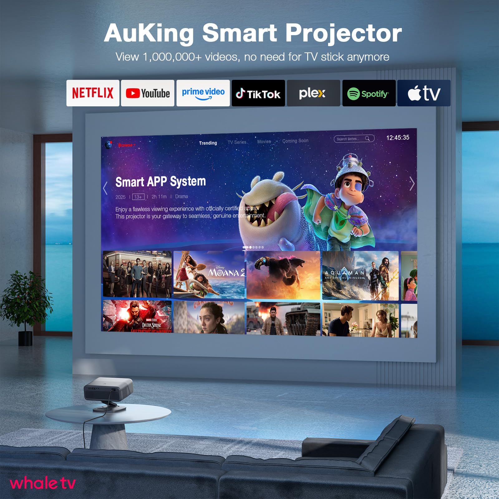 [ Officially-Licensed APP & Dolby Audio] 4K Projector with WiFi and Bluetooth,TOF Real-Time Auto Focus Smart Projector, AuKing Outdoor Movie Home Theater Proyector with Omni-Adjustable Stand