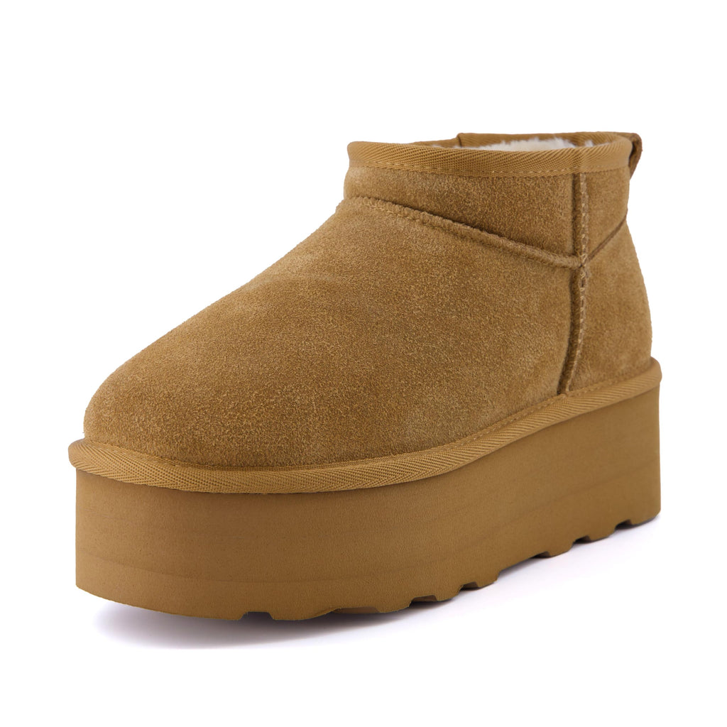CUSHIONAIRE Hippy Women’s Platform Ankle Boots – Genuine Suede, Faux Fur Lining, Cozy Winter Slip-On Design Mini boots, CHESTNUT 7