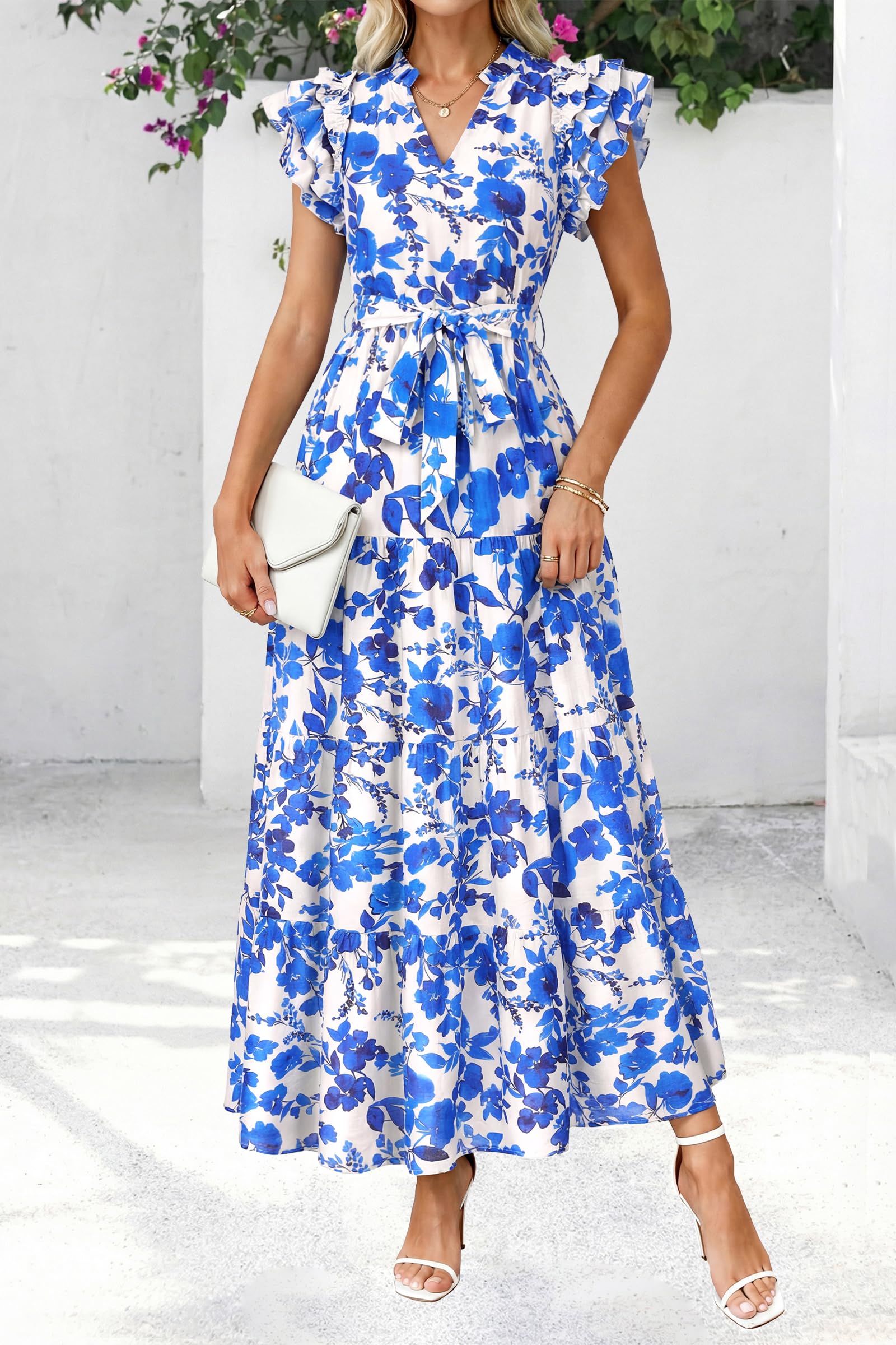 dowerme Women Summer Maxi Dresses 2026 Ruffle Sleeve V Neck Floral Boho Long Dress Belted Tiered Sundress with Pockets(White Blue Flower,Medium)
