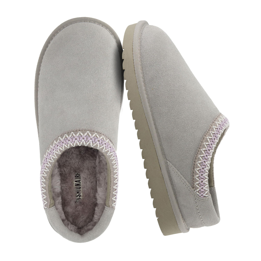 CUSHIONAIRE Keto Genuine Suede Leather Kids Slippers for Boys and Girls – Cozy Slip-On Mule House Shoes with Faux Fur Lining, Cushioned Memory Foam Comfort, GRAY/LAVENDER 3