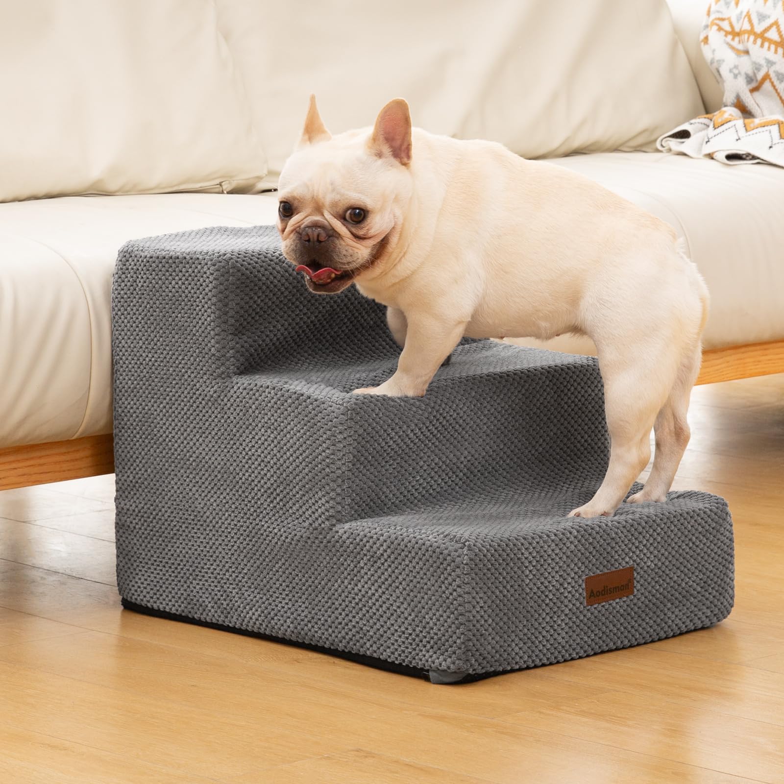 Aodisman Dog Stairs for Small Dogs, 3-Step Non-Slip Pet Stairs for Couch Sofa and Chair, Dog Bed Stairs for Puppy, Older Cat,Grey,13.6" H