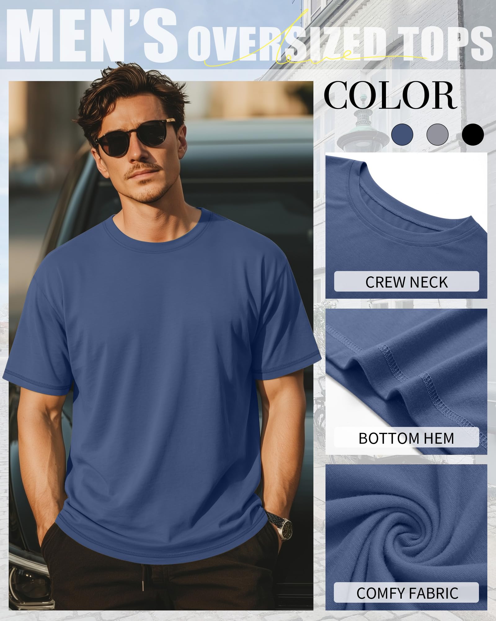 Neer 3 Pack Big and Tall Shirts for Men L-7xl, Short Sleeve Men Crewneck Tops Loose Casual Large T-Shirts Summer Basic Tee(Black, Light Gray, Blue,4X-Large)