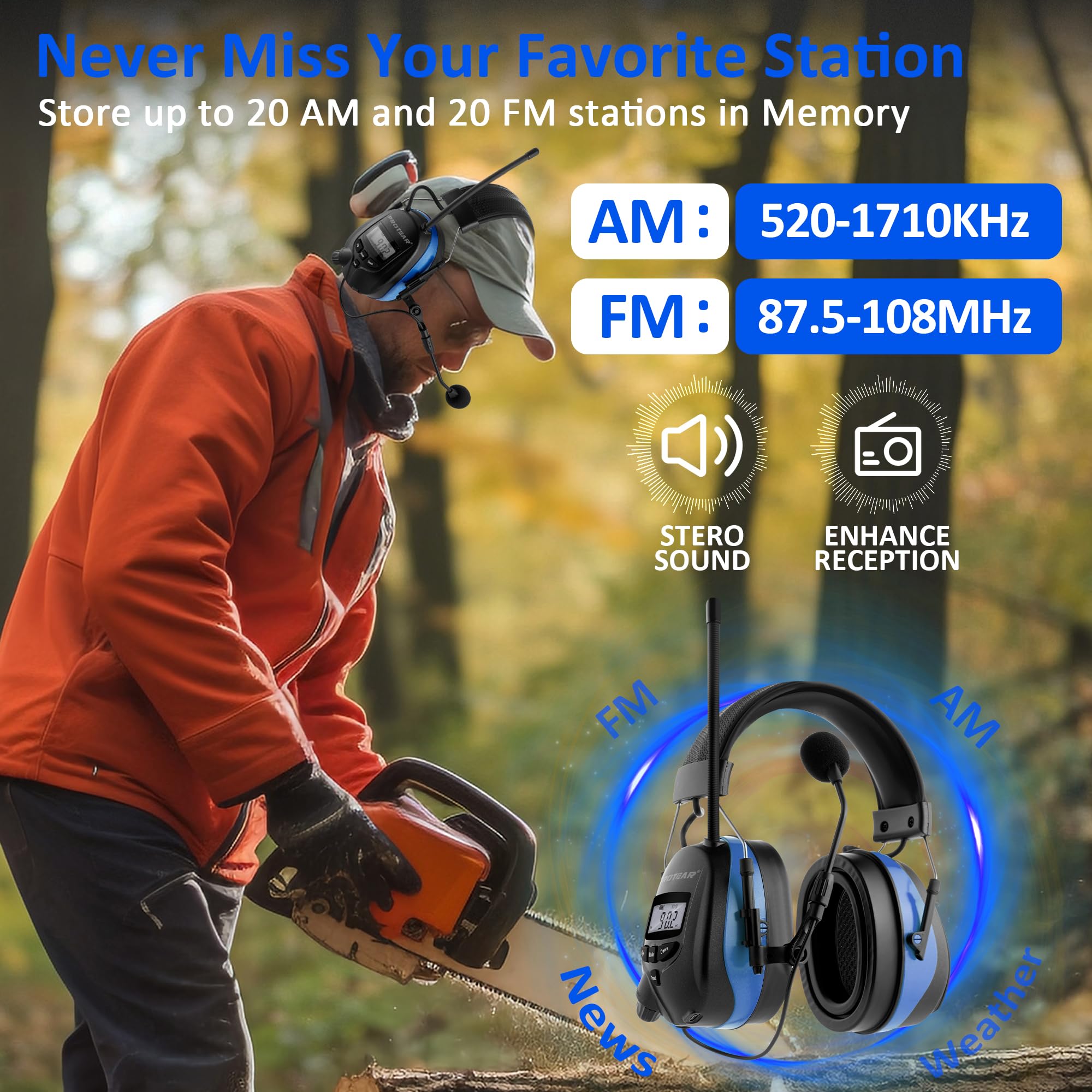 Upgraded Bluetooth 5.4 Radio Headphone with Gel Ear Pads,Ear Hearing Protection Earmuffs with Boom Mic,Rechargeable Battery,Digital AM/FM Radio Headphones for Mowing Yard Lawn Work Outdoor (Blue)