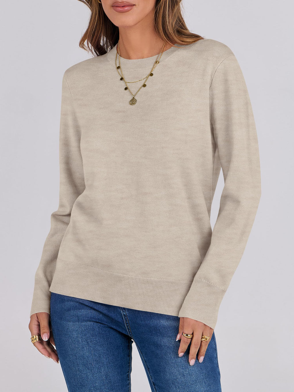 ANRABESS Sweaters for Women Long Sleeve Lightweight Crewneck Soft Basic Knit Loose Fit Pullover Top 2025 Fall Trendy Outfits Almond Small