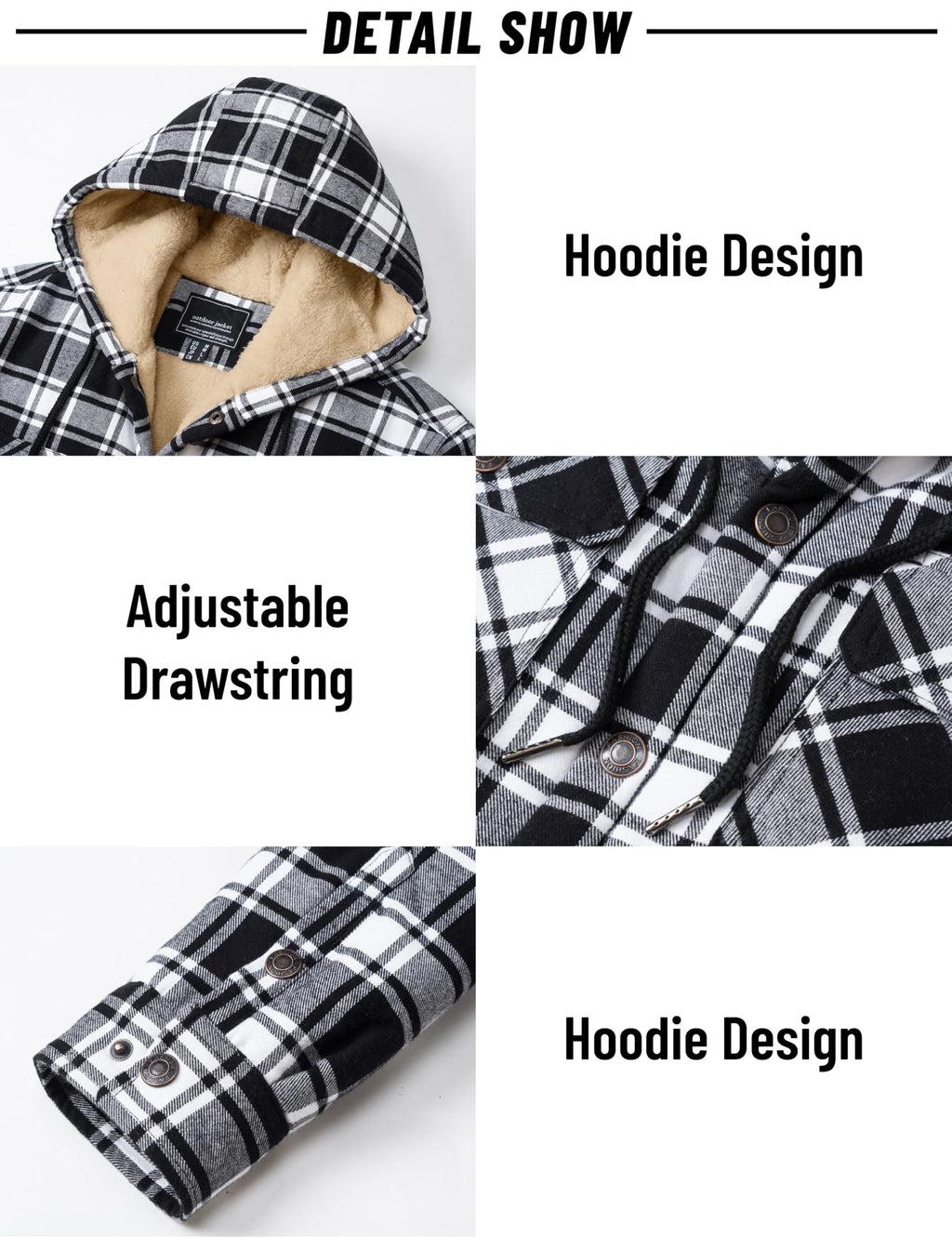 MAGNIVIT Men's Flannel Plaid Jacket Warm Sherpa Lined Fleece Hoodies for Men Thick Jackets Winter Coat BlackWhite