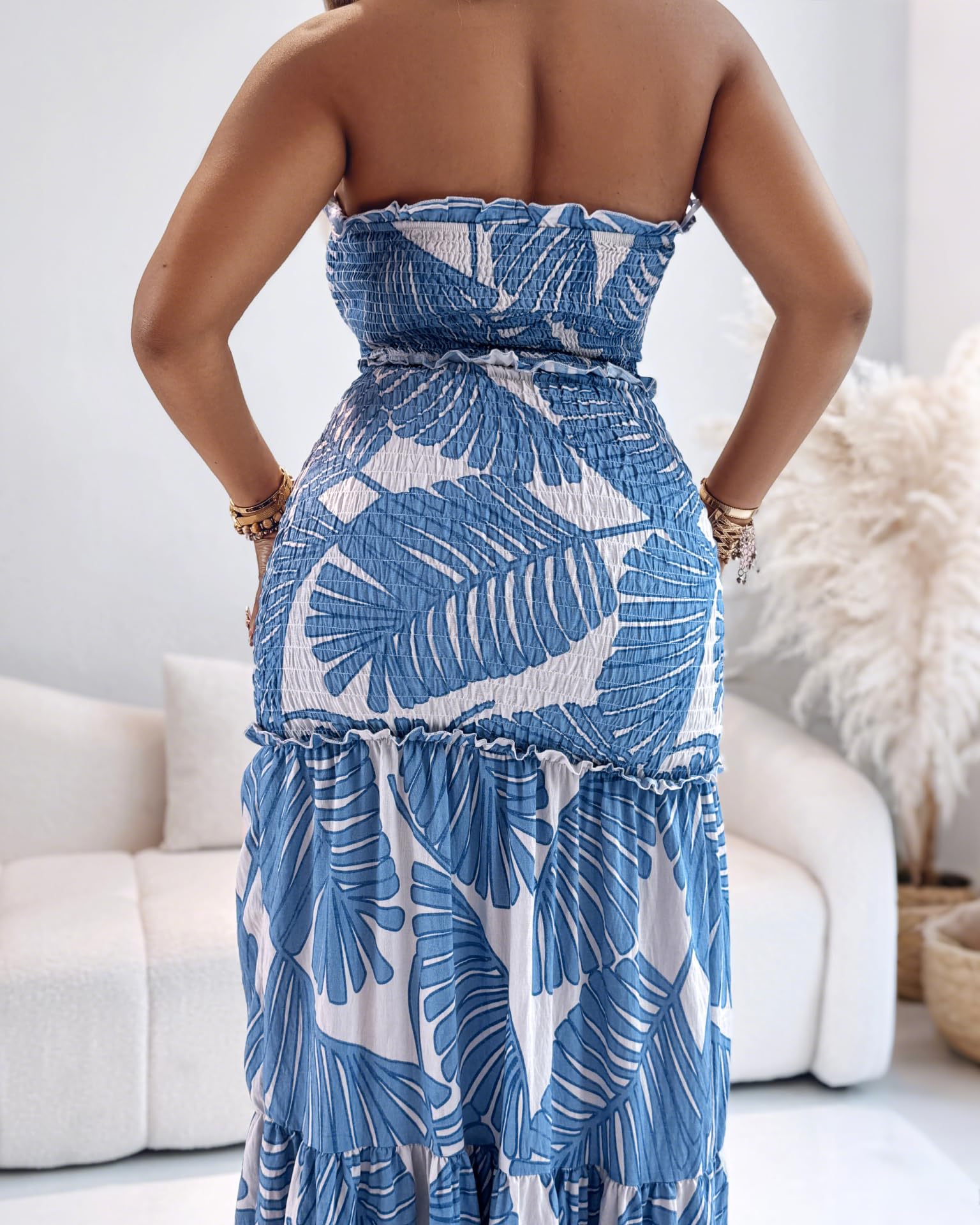 CHICME Floral Printed Prom Dress Drawstring Ruched Shirred Bandeau Party Dress Slim Fit Ruffle Hem Wedding Guest Dresses Blue-S