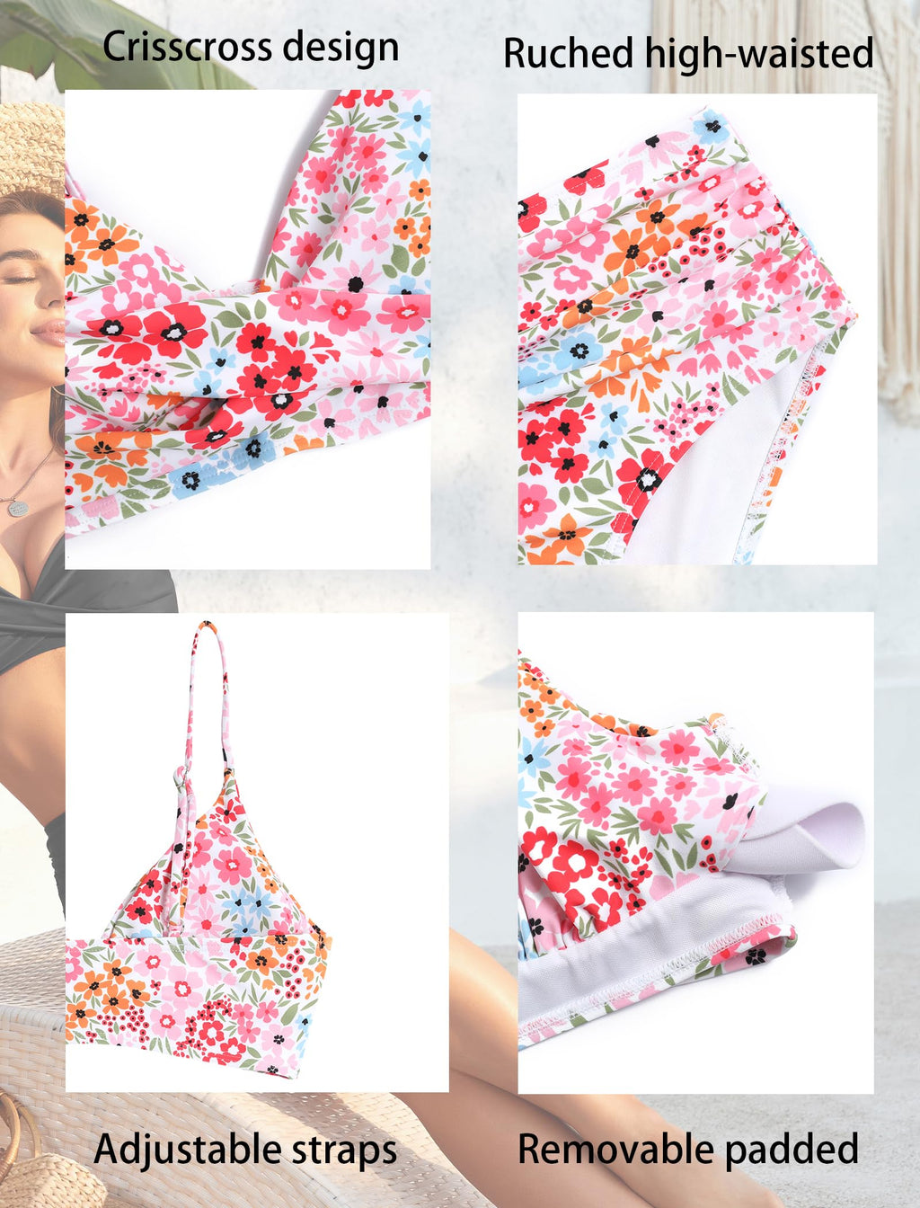 ZAFUL Women High Waisted Bikini Sets Two Piece Swimsuit Push Up Twist Front Ruched Bathing Suit Pink Floral M