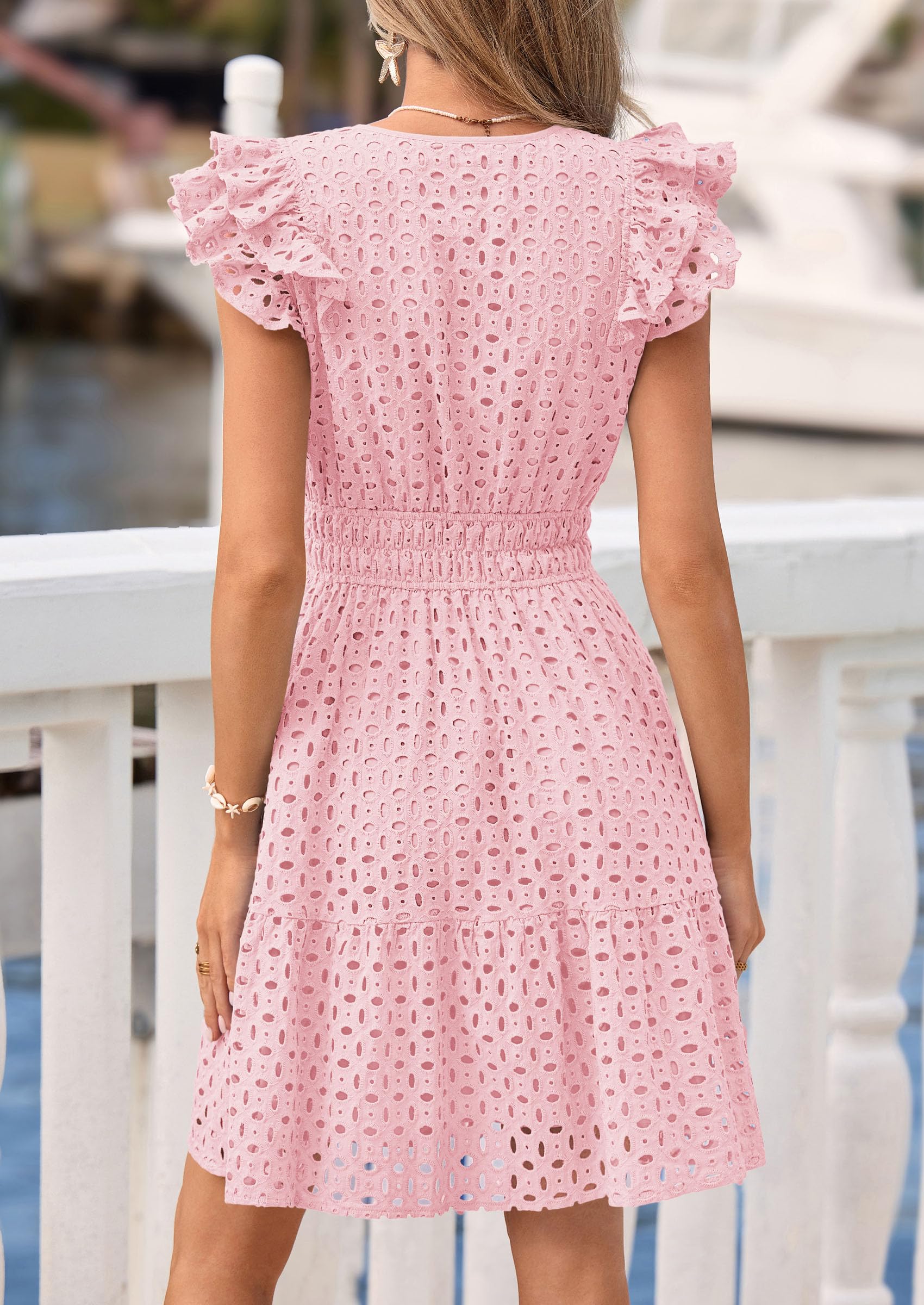 PRETTYGARDEN Women's 2026 Summer Sundresses Eyelet Cap Sleeve V Neck Short Boho Wedding Guest Dress Beach Vacation Clothes (Pink,Medium)