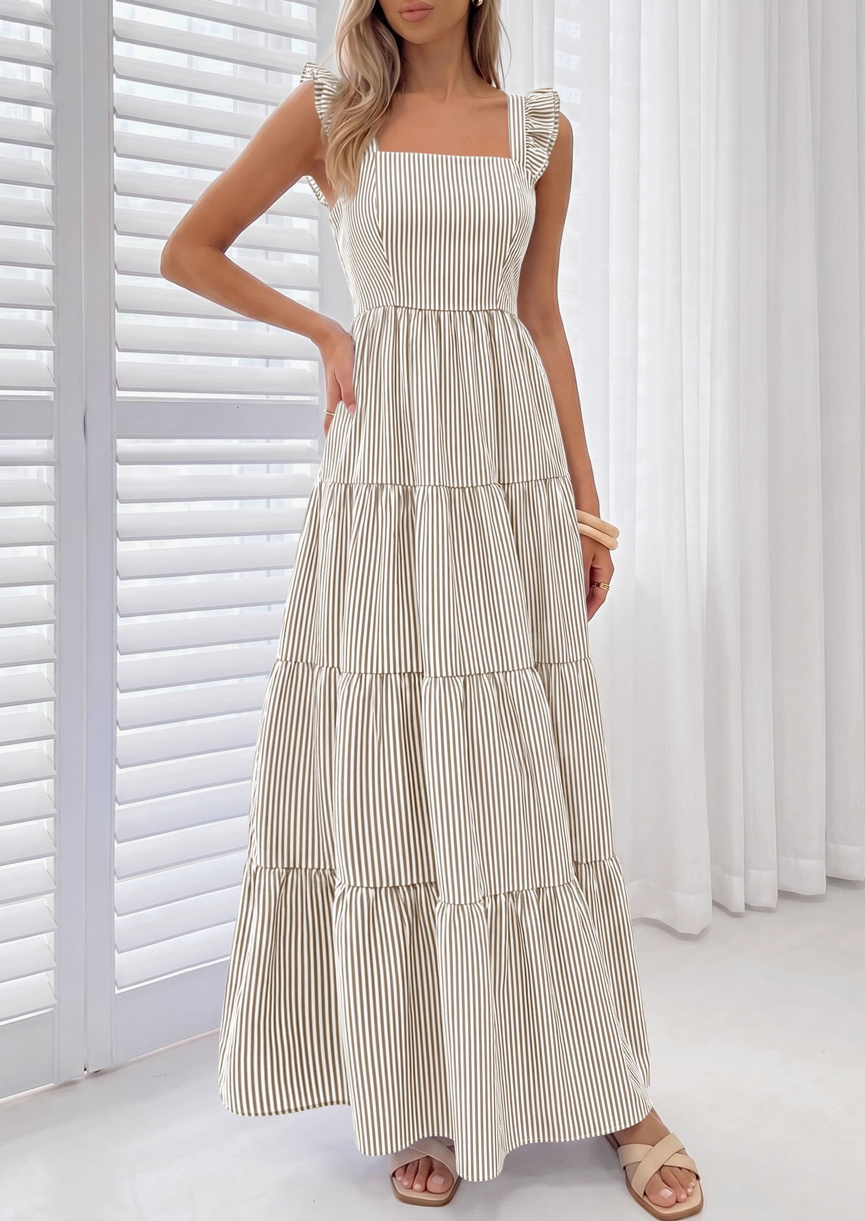 PRETTYGARDEN Womens 2026 Summer Casual Maxi Dresses Striped Square Neck Sleeveless Boho Flowy Sundress Beach Vacation Clothes (Brown,Medium)