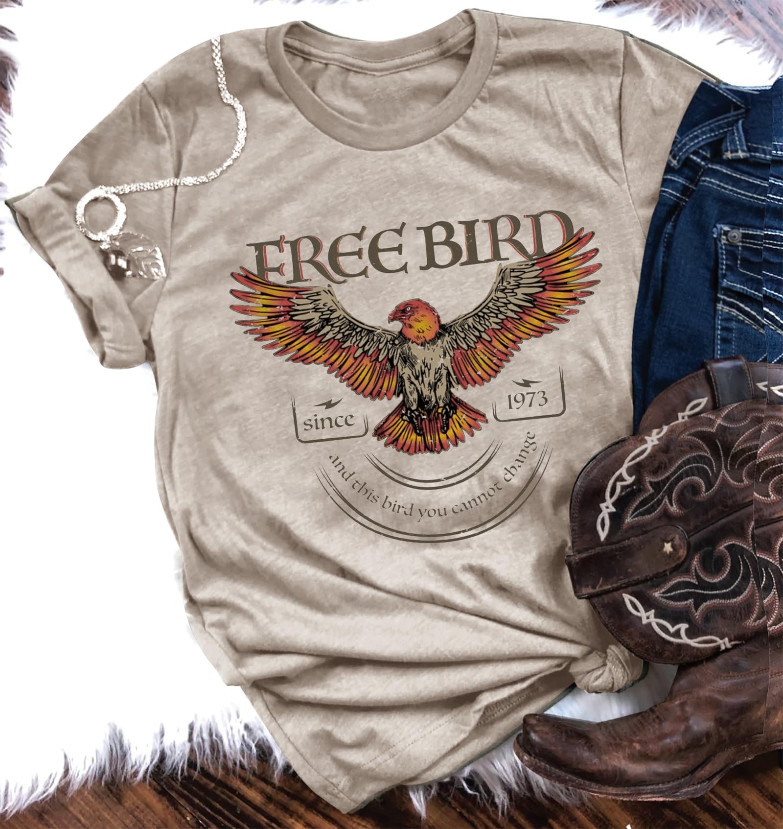 Graphic Tees for Women Vintage Band Graphic T Shirts Summer Short Sleeve Rock Band T Shirts Casual Country Concert Tops (L, Bird-Cream Grey)