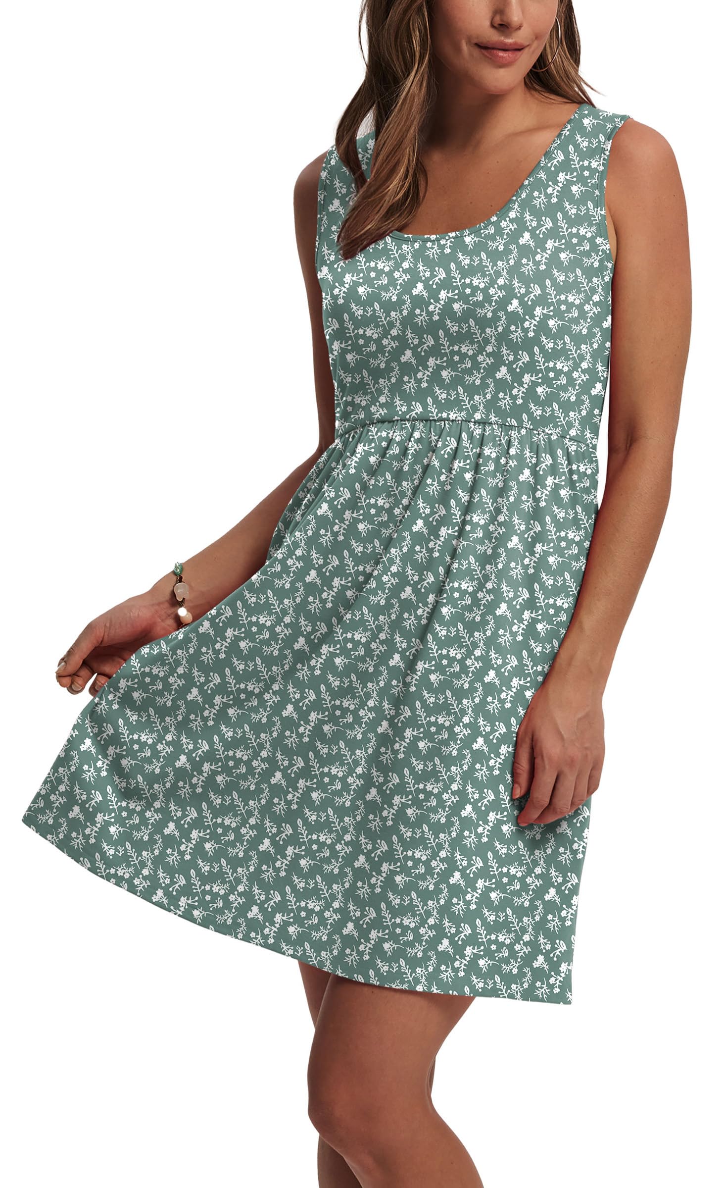 WIHOLL Summer Dresses for Women 2026 Sleeveless Spring Break Essentials Dresses for Women Casual Cute Beach Vacation Clothes Fashion Floral Dress Sundresses with Pockets Womens Sun Dress Green M
