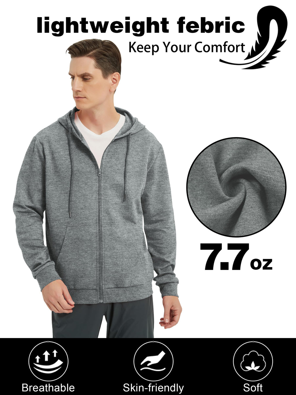 ALTHLEMON Men's Lightweight Zip Up Hoodie Long Sleeve Sweatshirt Athletic Slim Fit Basic Jacket with Pockets(Regular & Tall)(Charcoal Heather 3XL)