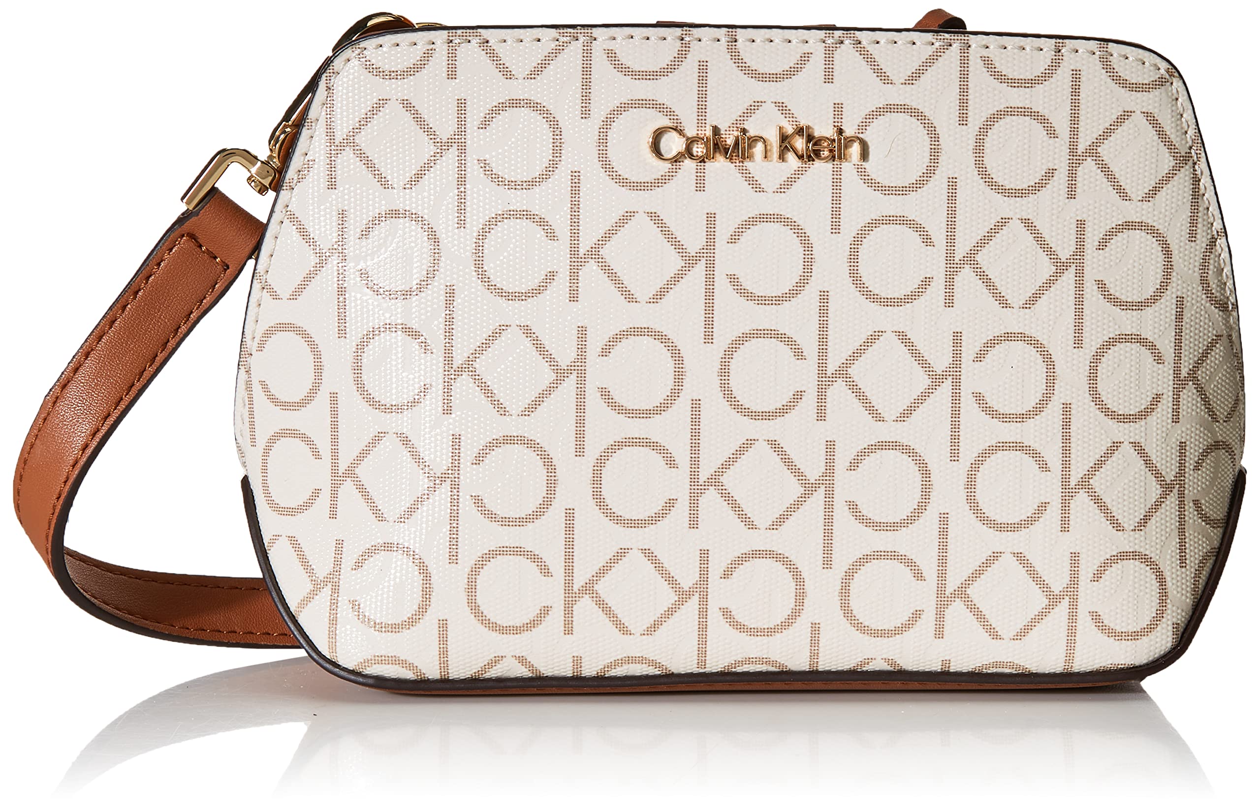 Calvin Klein Women's Lucy Triple Compartment Crossbody, Vanilla/Khaki/Caramel Embossed, One Size