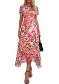 PRETTYGARDEN Cocktail Dresses for Women 2026 Summer Short Sleeve Floral Mesh Sheer Midi Party Wedding Guest Dress (Floral Apricot Leopard,Small)
