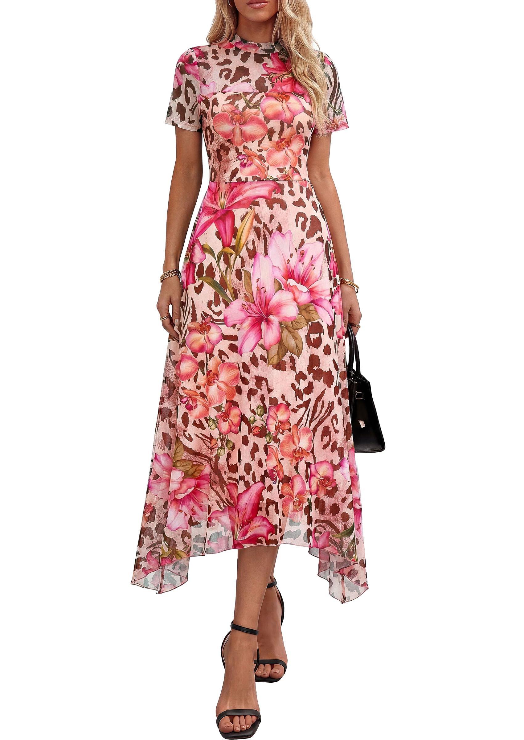 PRETTYGARDEN Cocktail Dresses for Women 2026 Summer Short Sleeve Floral Mesh Sheer Midi Party Wedding Guest Dress (Floral Apricot Leopard,Small)