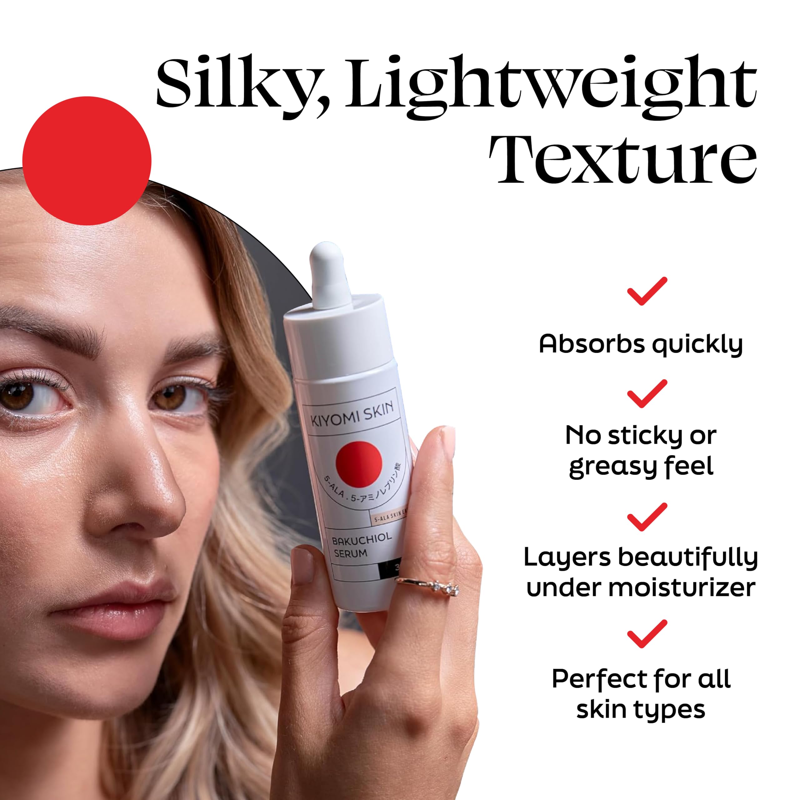 Kiyomi Skin Bakuchiol Face Serum - Gentle Retinol Alternative with 5-ALA, Niacinamide - Anti-Aging Formula for Fine Lines, Wrinkles, Even Skin Tone - Vegan Facial Serum for All Skin Types - 1 Fl Oz