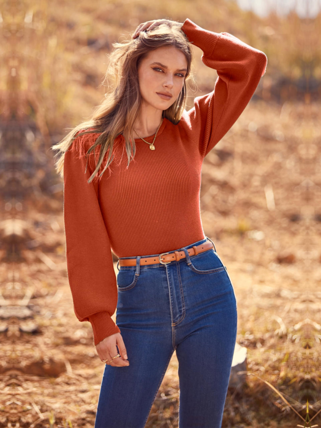 MASCOMODA Long Puff Sleeve Sweaters for Women 2026 Spring Winter Crewneck Knit Ribbed Bodysuit Pullover Tops (Rust Red, Medium)