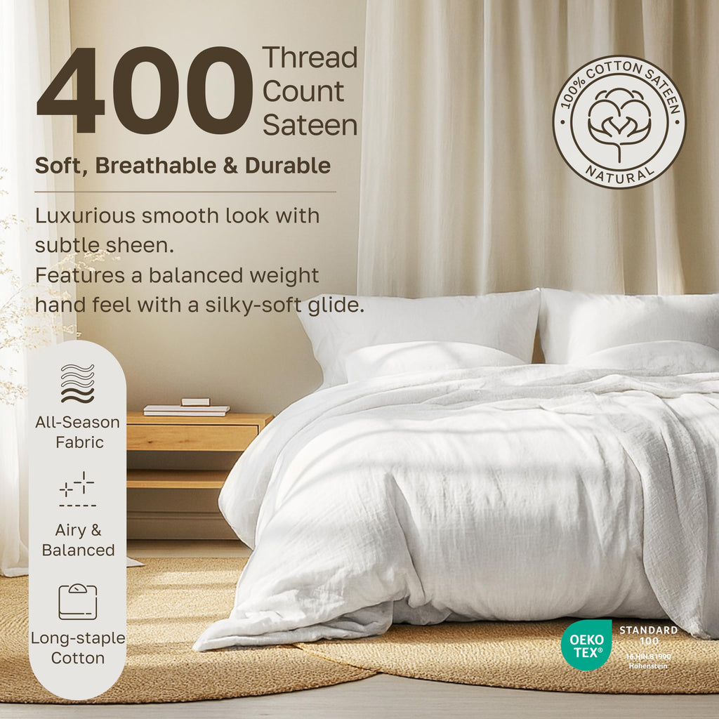 California Design Den Natural 100% Cotton Sheets Queen Size Bed Set - Soft 400 Thread Count Sateen, Queen Sheets, Deep Pockets with All Around Elastic for a Snug Fit, Durable Bedding - White