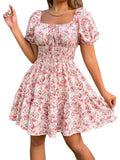 Floerns Women's Boho Square Neck Puff Short Sleeve Self Tie Front A Line Dress A Pink L