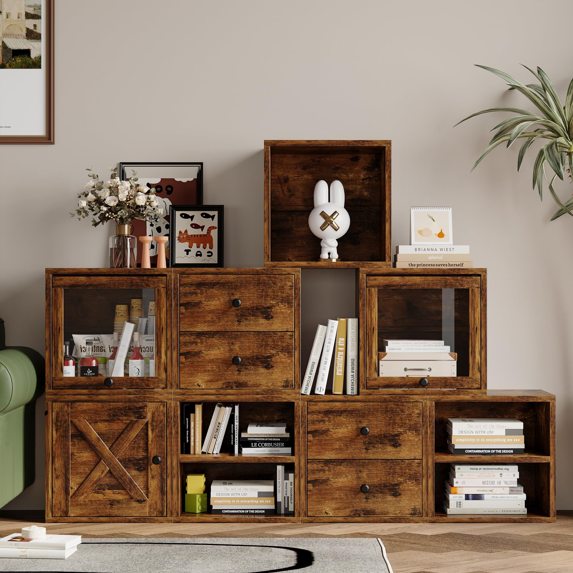 FUSUNBAO Magic DIY Cube Storage Organizer Stackable Cubes for Home Books Clothes Toy-Modular Cubby Storage System-Office Cubical-Bookcase Closet (Antique Brown, Drawer Cube)