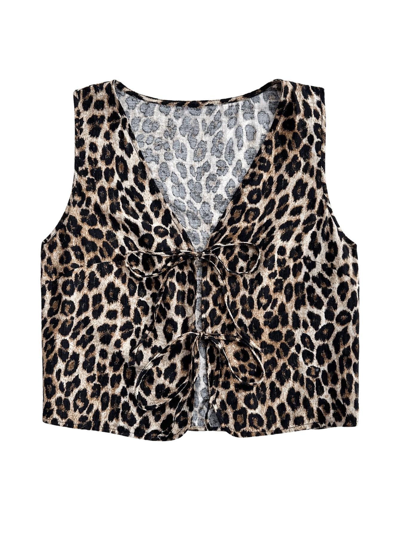 WDIRARA Women's Leopard Print Bow Tie Front Vest Sleeveless V Neck Crop Tank Top Multicolor Leopard Medium