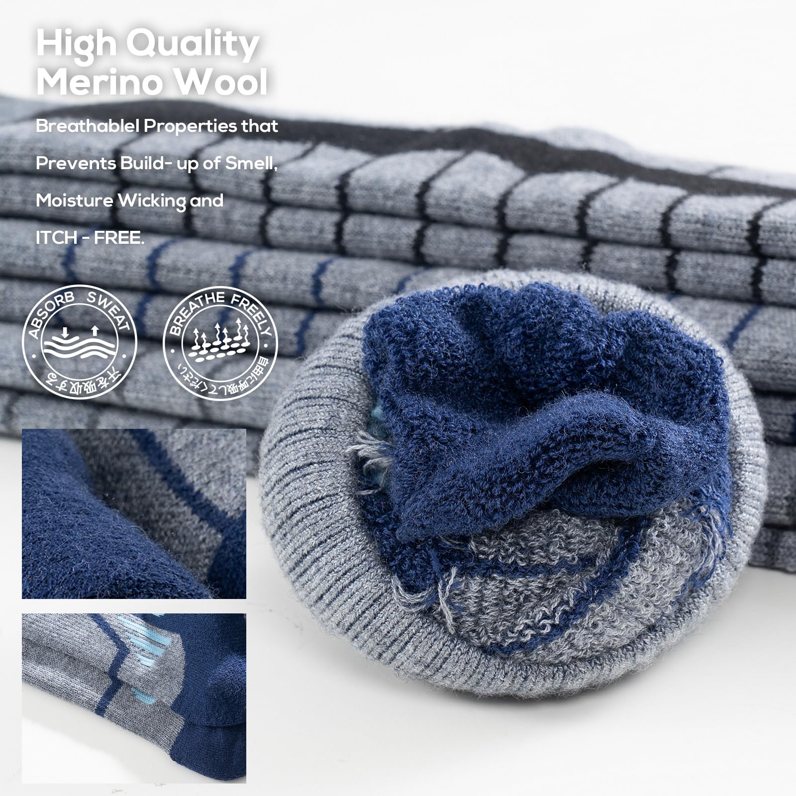 WEIERYA Ski Sock Merino Wool Ski Socks Mens Womens Skiing & Snowboarding Socks, Over The Calf (US, Alpha, Large, Regular, Regular, 2, Blue)