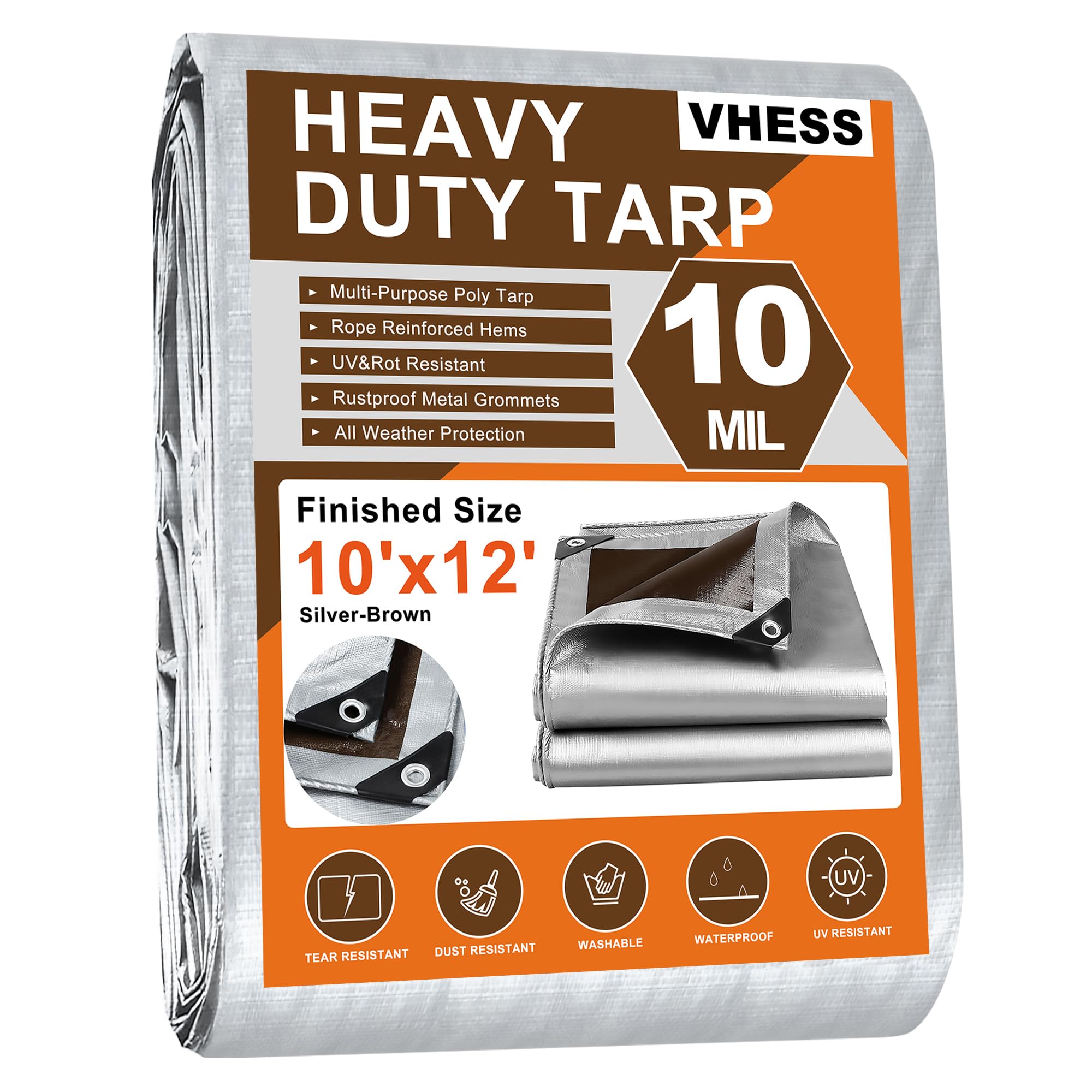 Tarps Heavy Duty Waterproof 10’ X 12’, 10 Mil Multipurpose Poly Tarp Cover, tarp Waterproof UV Resistant Tear&Fade Resistant, Outdoor Tarpaulin for Roof, Camping, Patio, Pool, Boat, Car