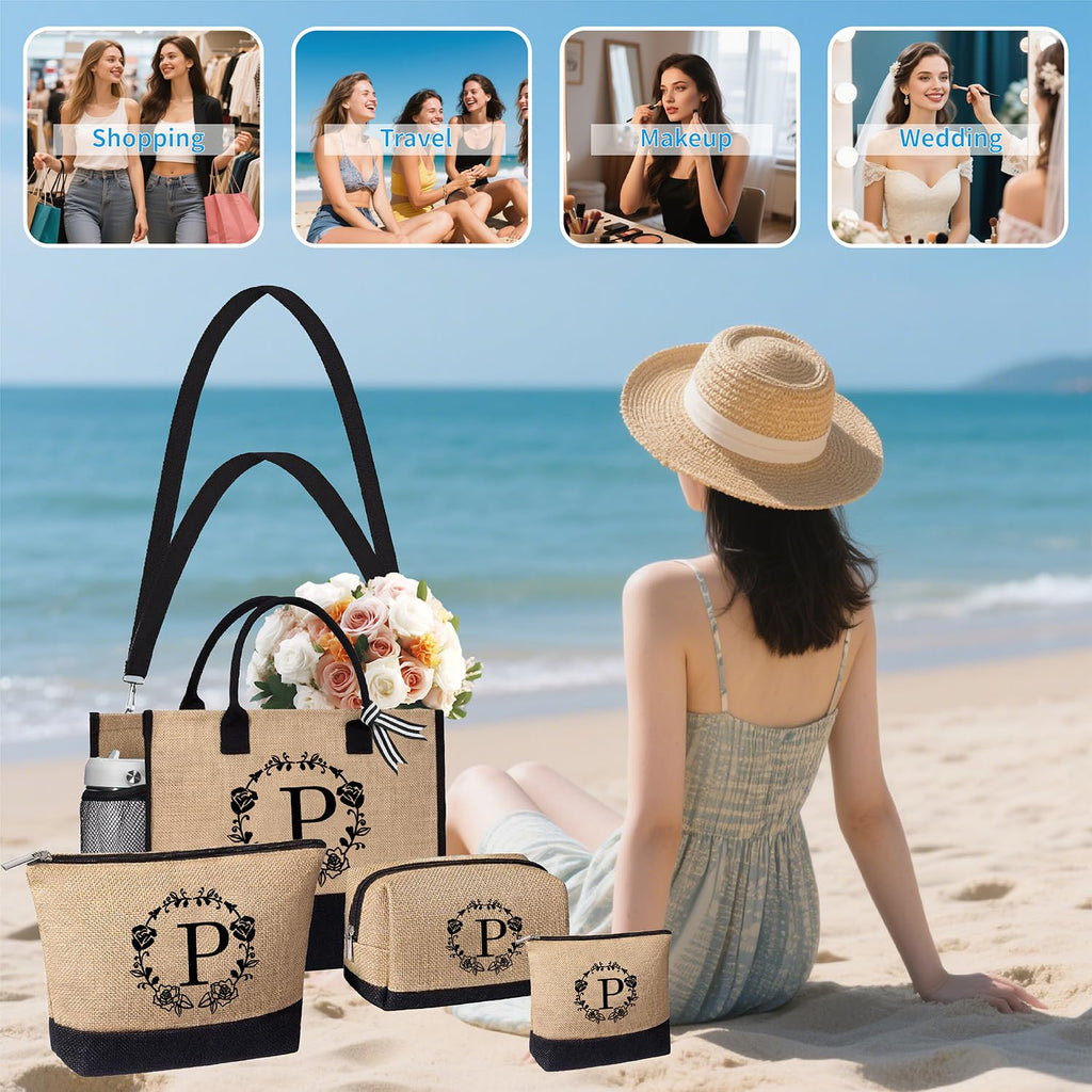 Initial Tote Bag & 3 Makeup Bags, Personalized Mothers Day Gifts for Women, Beach Tote Bag for women w/Zipper, Birthday Gifts for Women Mom Her Girlfriend Wife Sister Friend Daughter(S 4Pcs)
