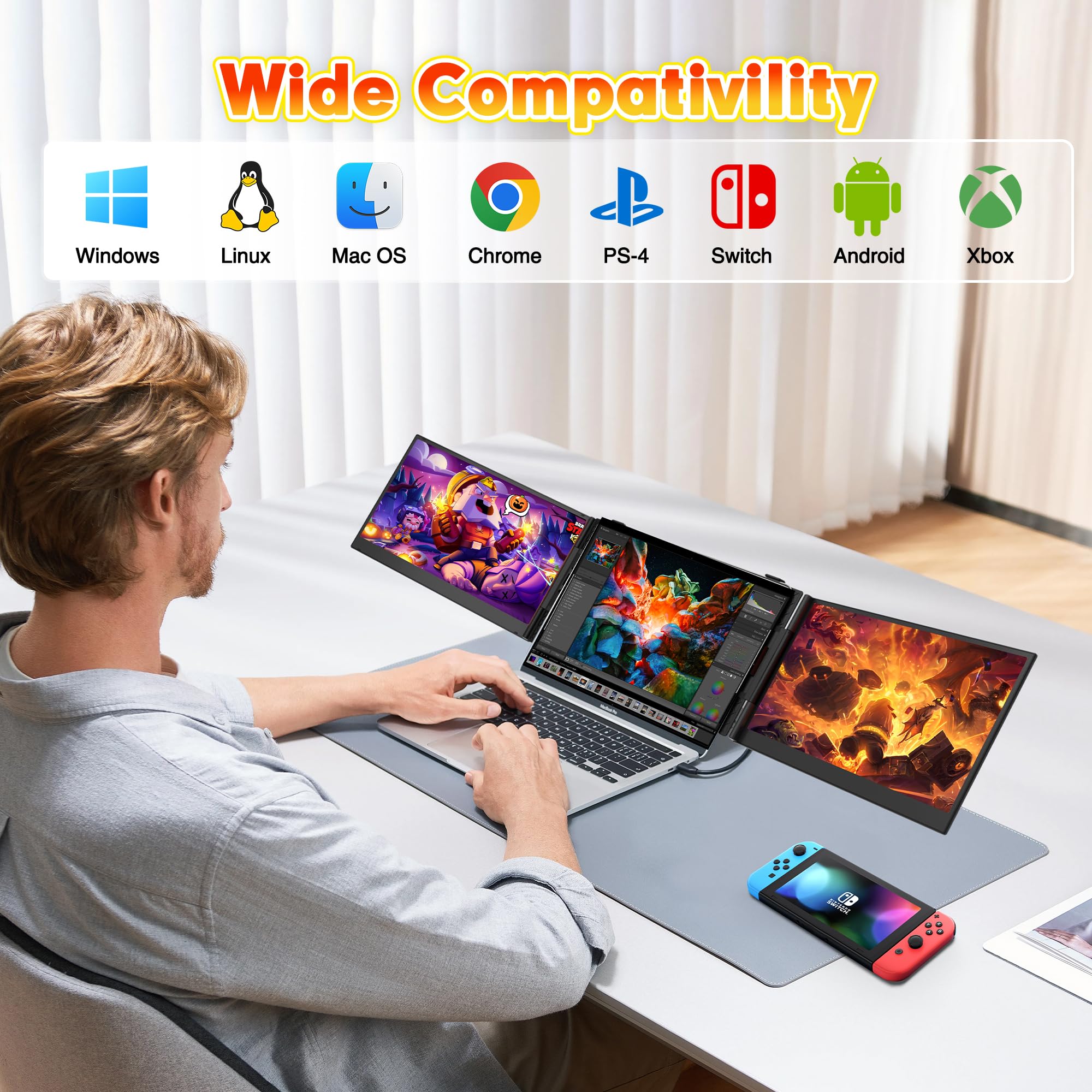 One Cable Connection Laptop Screen Extender Monitor Portable, Ultra Thin 14.2" 1080P FHD Lightweight Triple Screen,Fit for 13-17" Laptop, Plug & Play Compatiable with Win/Mac/Chrome/Android/Switch