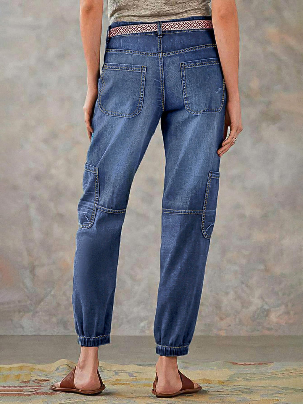 Flamingals Straight Leg Button Fly Jeans for Women Multi Pocket Mid Rise Jeans Without Belt Barrel Pants 27" Inseam Mid Blue L