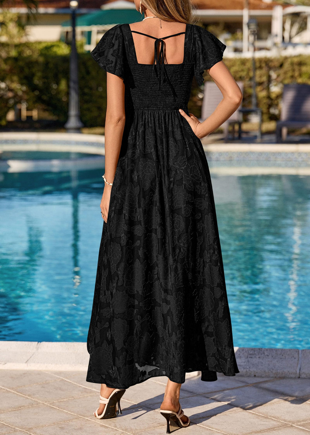 KIRUNDO Cocktail Dresses for Women Elegant Wedding Guest Summer Formal Maxi Lace Floral Slit Prom Party Bridesmaid Dress (Black, Large)