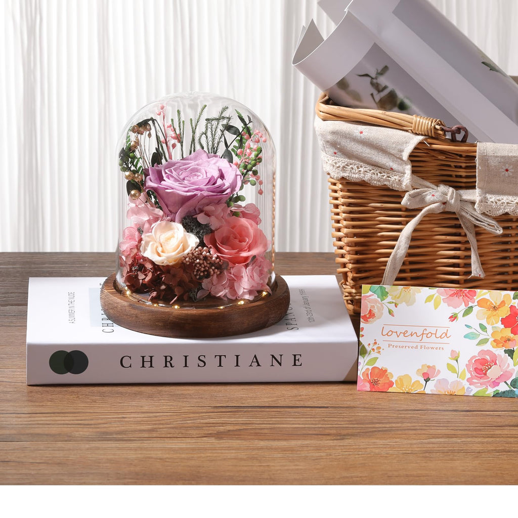 LOVENFOLD Flowers for Delivery Preserved Flowers lilac Roses with LED Light in a Glass Dome,Long Lasting Forever Flowers Birthday Gifts for Women Daughter Mom Wife Friend（lilac Rose）