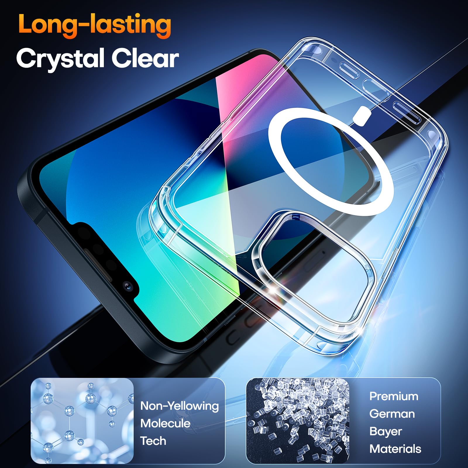 TAURI 3 in 1 Magnetic for iPhone 13 Case, [Compatible with MagSafe] [with 2X Screen Protectors] Not-Yellowing, Military-Grade Protection Slim Phone Case for 13 Cover, Clear, 6.1"