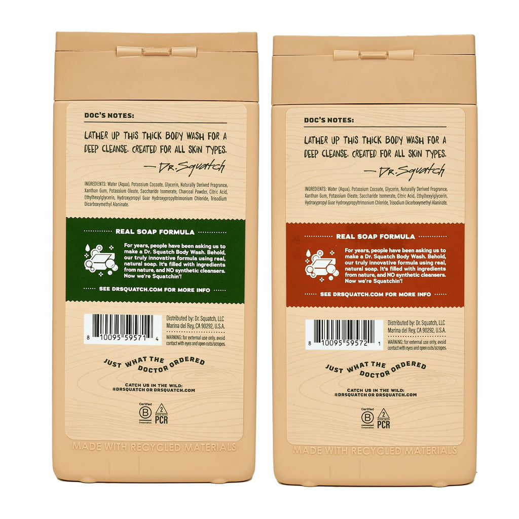 Dr. Squatch Natural Men's Body Wash Shower Gel - Cleansing, Nourishing, Long Lasting Scent, Moisturizing Body Wash for Men - Pine Tar + Wood Barrel Bourbon (14 oz, 2-Pack)