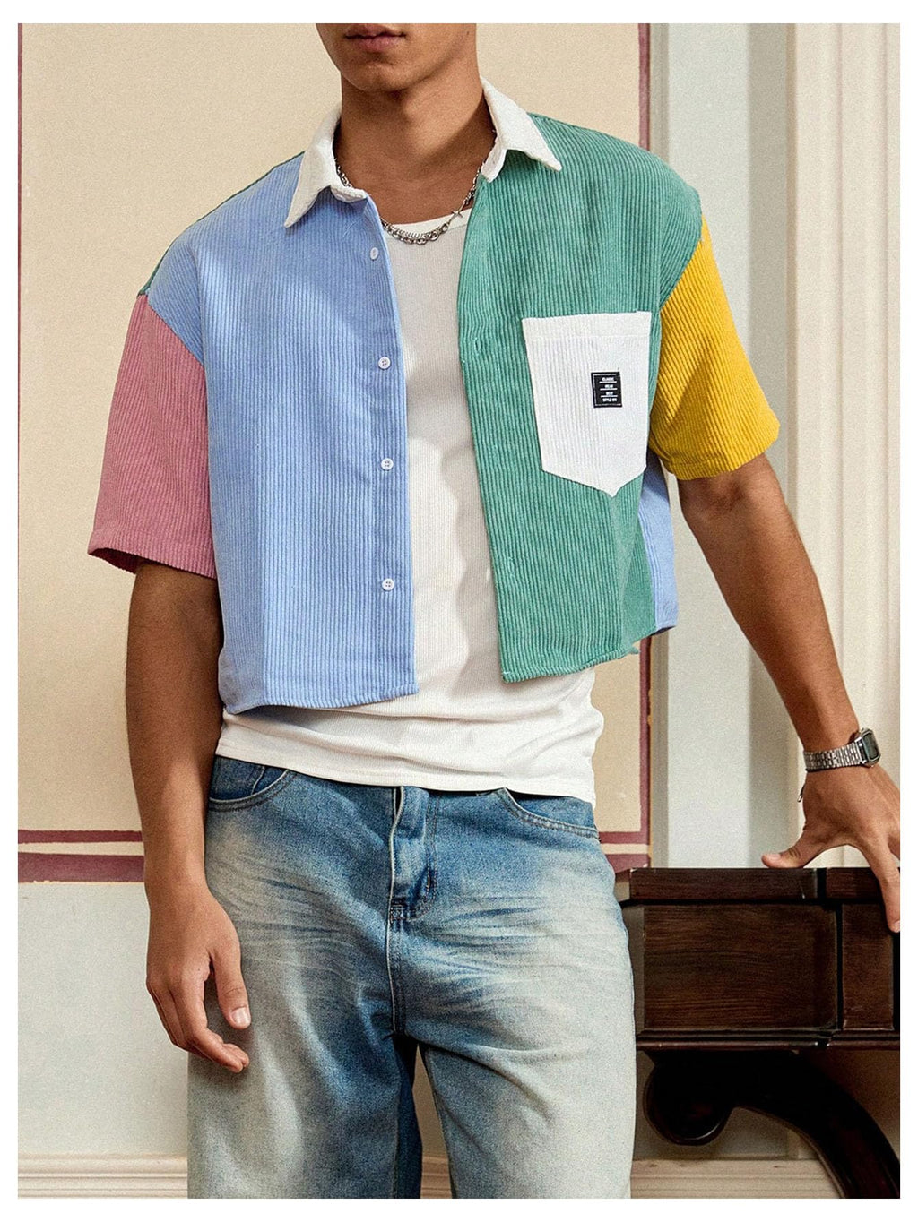 GORGLITTER Men's Striped Cropped Shirt Button Down Cool Short Sleeve Colorblock Collar Casual Streetwear Crop Top Tee Multicolor Large