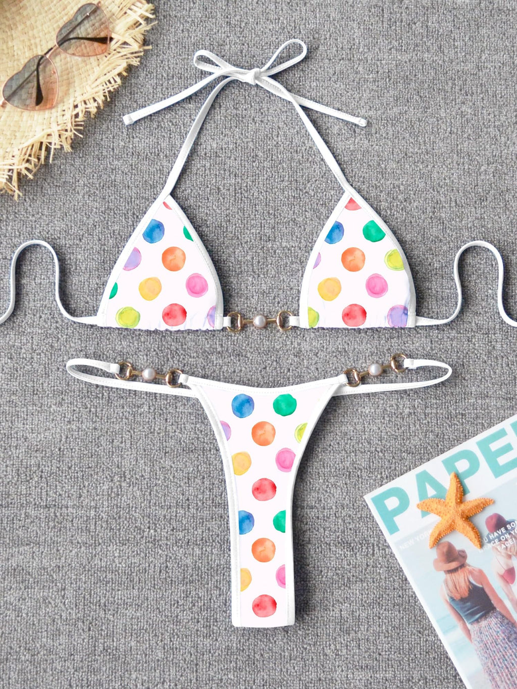 TASHEHE Women's Triangle Thong Bikini Set Sexy String Brazillian Two Piece Swimsuit Cute Bikini Bathing Suit - White/Polka Dot - X-Large