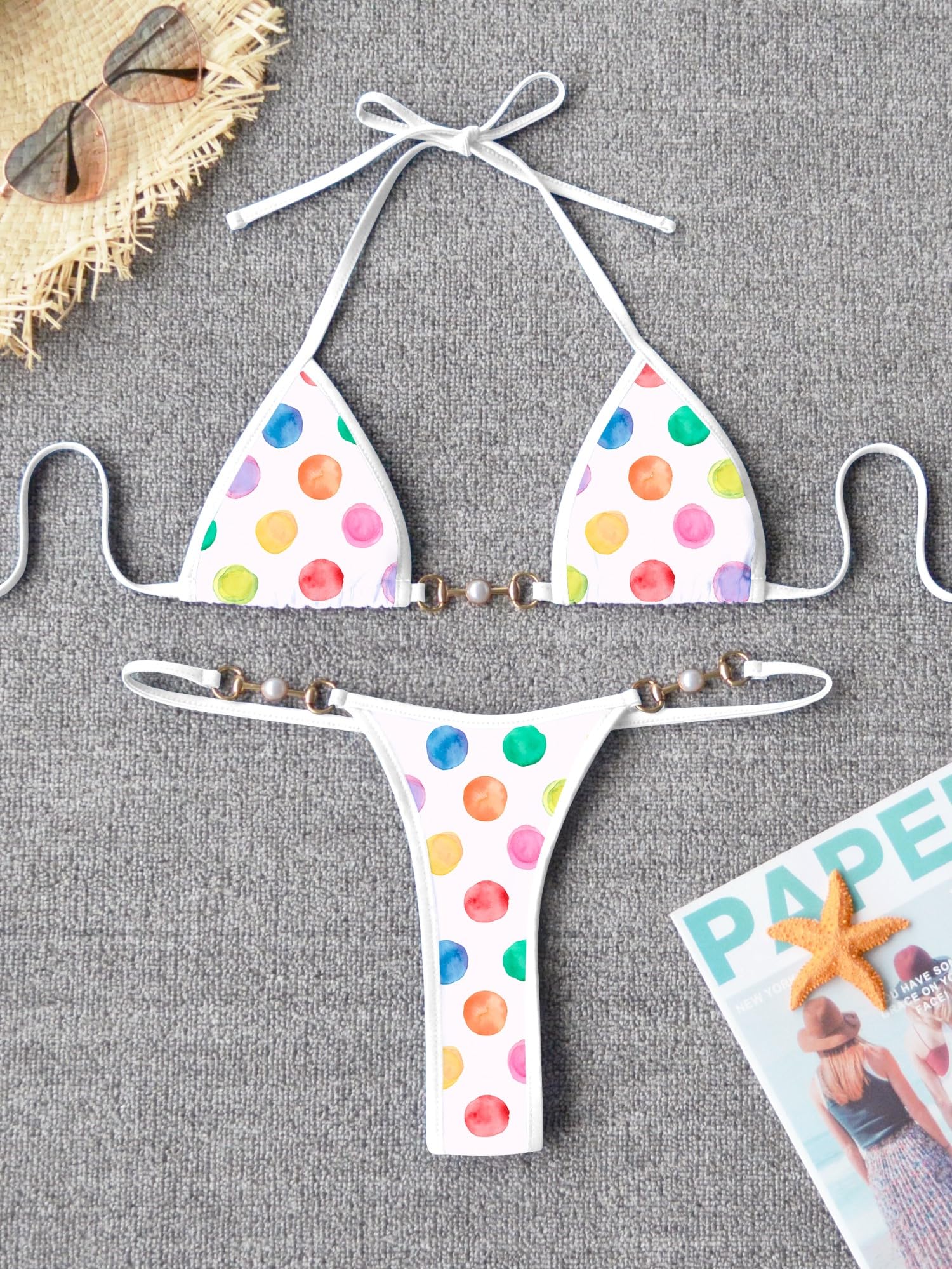 TASHEHE Women's Triangle Thong Bikini Set Sexy String Brazillian Two Piece Swimsuit Cute Bikini Bathing Suit - White/Polka Dot - X-Large