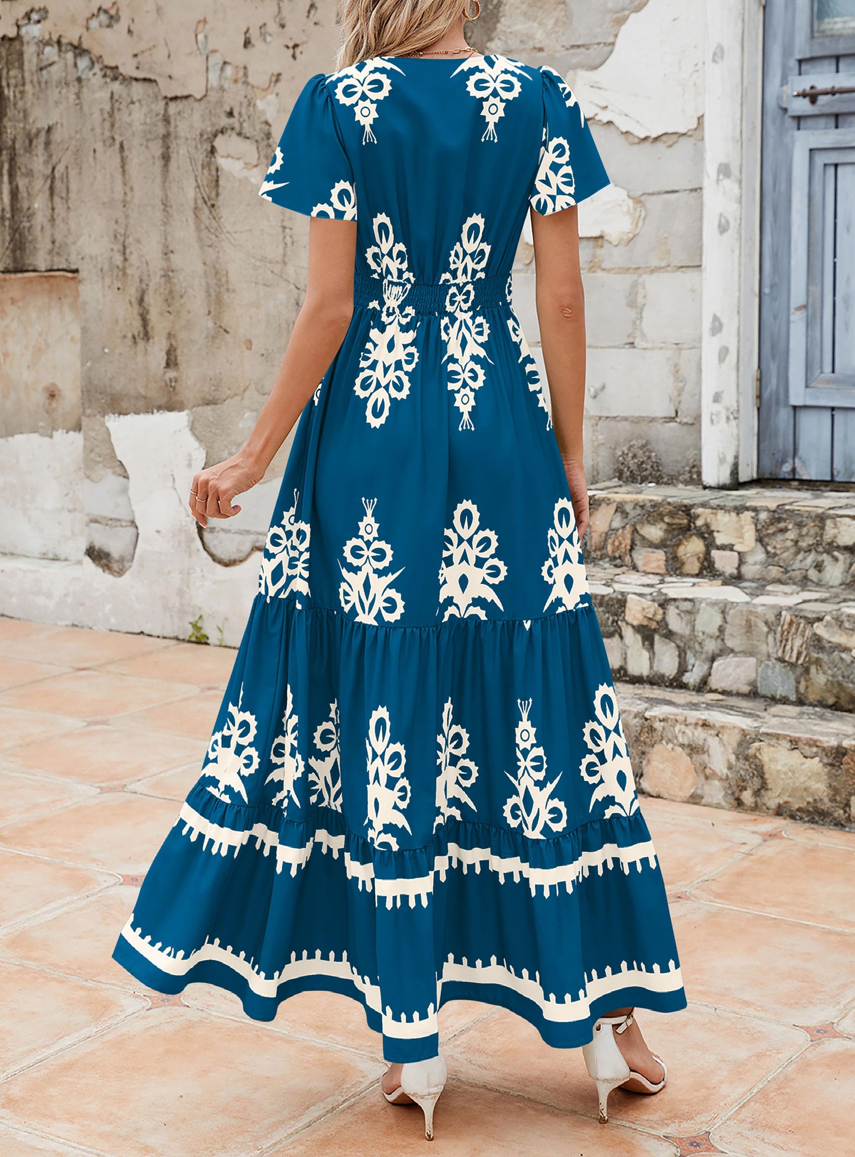 PRETTYGARDEN Womens 2026 Summer Casual V Neck Boho Maxi Dress Flowy Aline Bell Sleeve Tiered Floral Dresses with Pocket (Floral Lake Blue White,XX-Large)