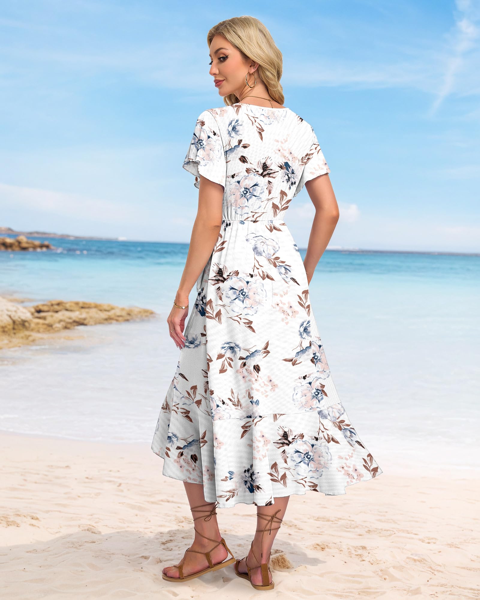 AUSELILY Women Summer Midi Dresses Wrap Short Flutter Sleeve V Neck Boho Slit Flowy Ruffle Dress Wedding Guest Dresses