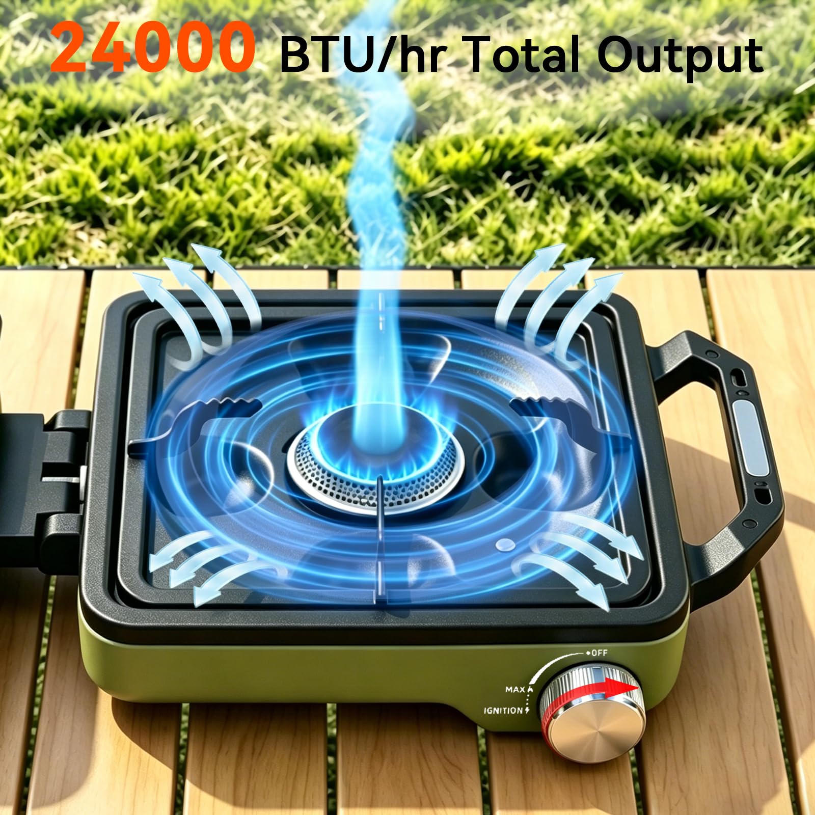 2 Burner Camping Stove with Windshield, 24000 BTU Propane Camp Stove, Portable Folding Camp Stove with Frying Pan, Coffee Stand & Carry Bag, Camping Essentials for Picnic, RV, Camp kitchen, Green