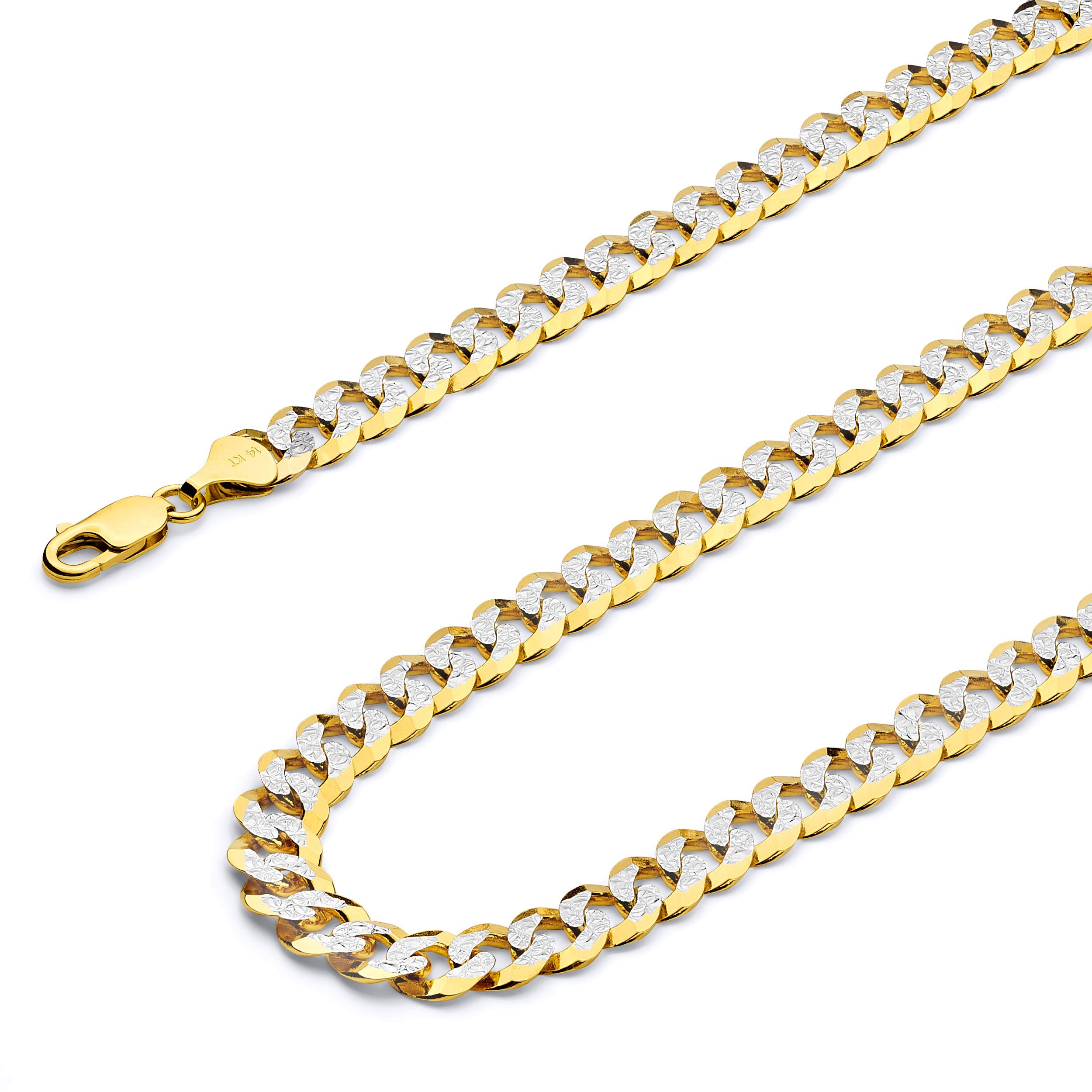 14k REAL Two Tone Gold Solid 2mm Cuban Concave Curb White Pave Chain Necklace with Spring Ring Clasp - 16"