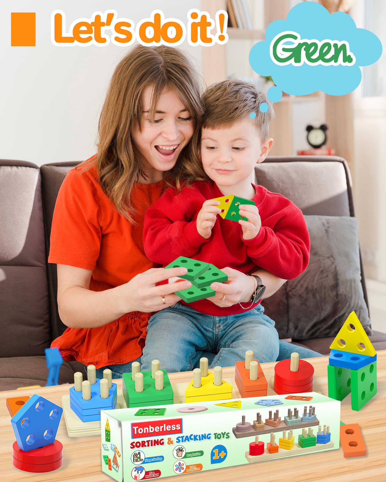 Tonberless Montessori Toys for 1 2 3 Year Old Boy Girl, Toys for Ages 2-4 Toddlers Kids Baby, 1 2 Year Old Birthday Gifts, Wooden Learning Puzzles Easter Basket Stuffers Toys for Toddlers 1-3